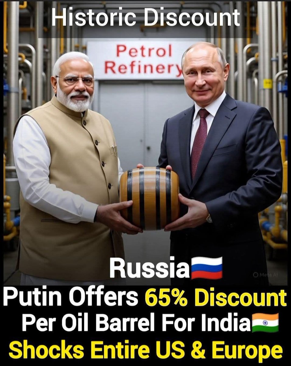 उधर पुतिन ने भारत को कच्चे तेल पर प्रति बैरल 65% की अतिरिक्त छूट देने की पेशकश कर दी..

अमेरिका और यूरोप सदमे में..