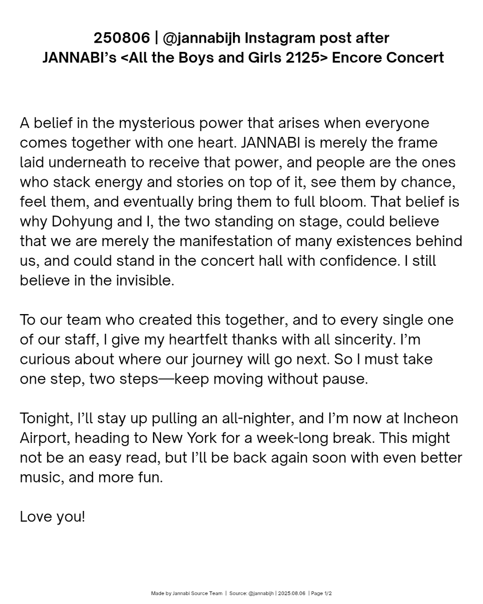 [📝] 250806 | #ChoiJungHoon pens heartfelt thank-you message following All the Boys and Girls 2125 Encore Concert success

"As happy as I was on stage, I wish I could return that feeling to each and every one of you."

See more: instagram.com/p/DM_ji2UhbTA/

#JANNABI #잔나비 #최정훈