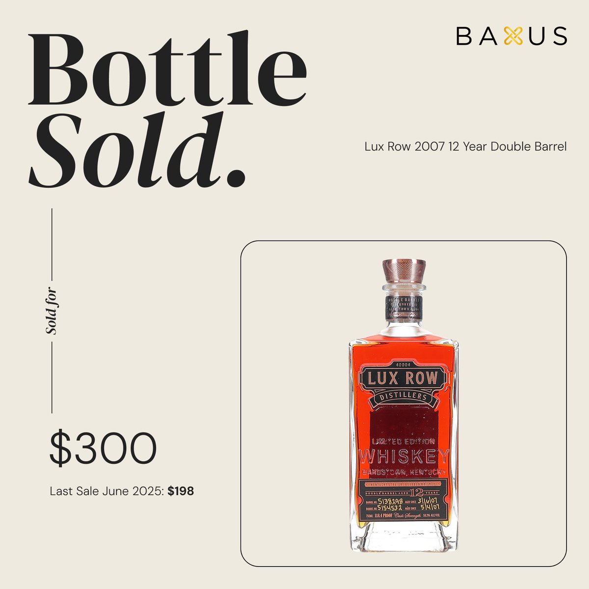 Lux Row has a cult following in many circles around America. This 2007 12 year old double-barrel was bottled at a cask strength of 59.2% ABV (118.4 proof) 

Whether $200 or $300 this is defintiely some liquid we'd like to get our hands on... Who bought it? And can we have a dram