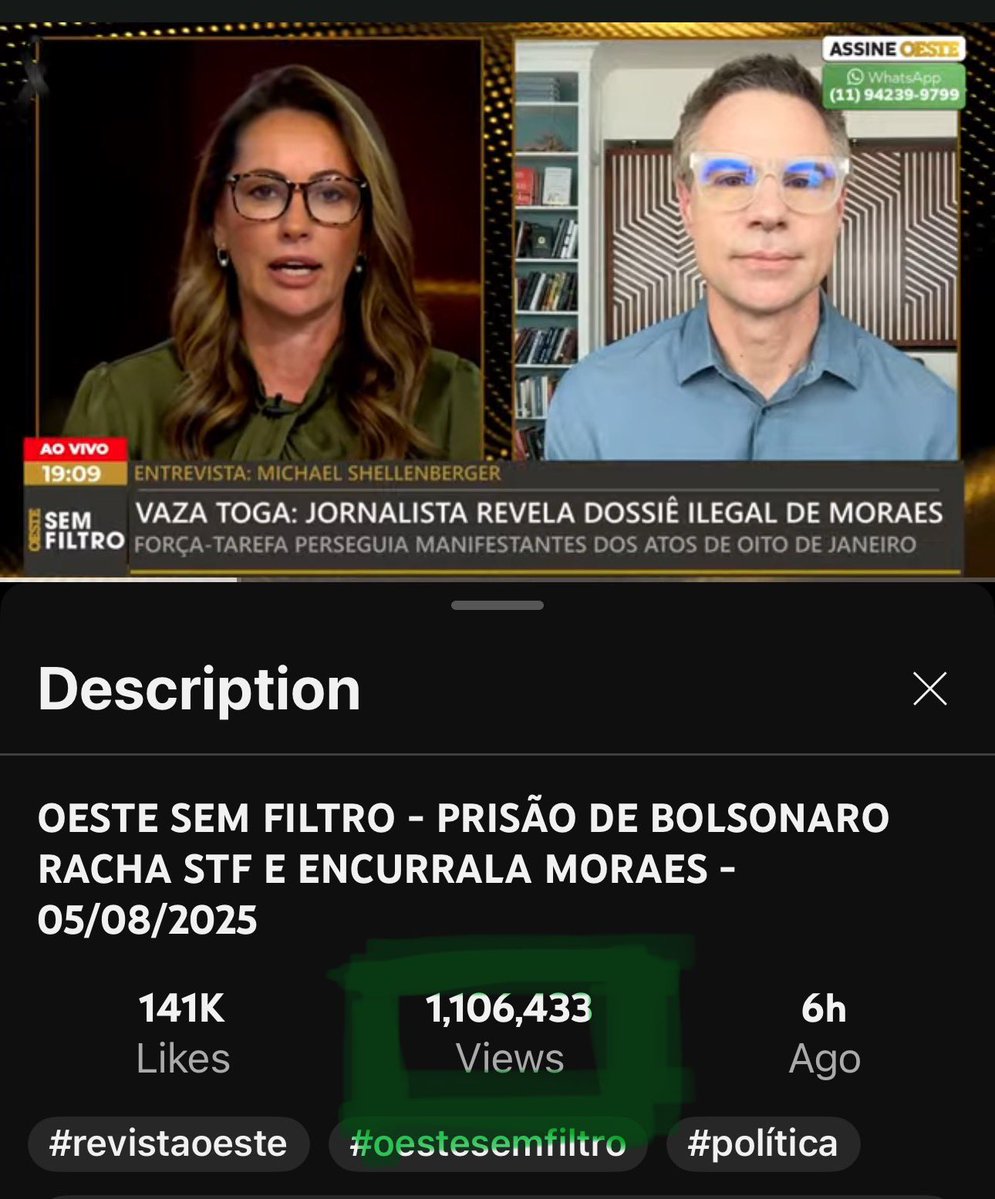 Ana Paula Henkel (@anapaulavolei) on Twitter photo -- Today's "Oeste Sem Filtro" already has over a million views. Thank you, <a href="/shellenberger/">Michael Shellenberger</a>. The world will learn about the secret, unconstitutional, and inhumane orders of the Brazilian Supreme Court. Alexandre de Moraes' regime will fall.
— Oeste Sem Filtro de hoje já com mais -- Today's "Oeste Sem Filtro" already has over a million views. Thank you, <a href="/shellenberger/">Michael Shellenberger</a>. The world will learn about the secret, unconstitutional, and inhumane orders of the Brazilian Supreme Court. Alexandre de Moraes' regime will fall.
— Oeste Sem Filtro de hoje já com mais