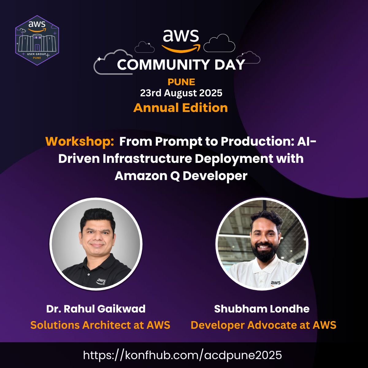AwsPune's tweet photo. Join Dr. Rahul Gaikwad, Solutions Architect at @awscloud & @Trainwithshubham, Developer Advocate at @awscloud in this hands-on workshop where youβll explore how to build AI-driven infrastructure with Amazon Q Developer.
https://t.co/wqOgMecuGB
#AWSCommunity #awsugpune #acdpune https://t.co/T0zX6RPFGq