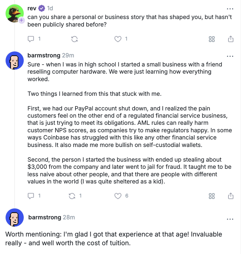 Here's a story I haven't told before.

Thanks <a href="/revrfg/">rev miller</a> for the question, and everyone else for joining the AMA today on Farcaster (I posted answers from the <a href="/baseapp/">Base app</a>)!