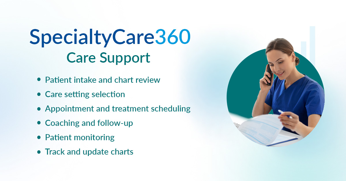 With integrated #caresupport you can improve #patientoutcomes, enhance provider efficiency, and create a seamless #healthcare experience.

Our nurse managers, care coordinators, and health coaches come together to optimize outcomes!

Making access to #specialtycare, simplified!