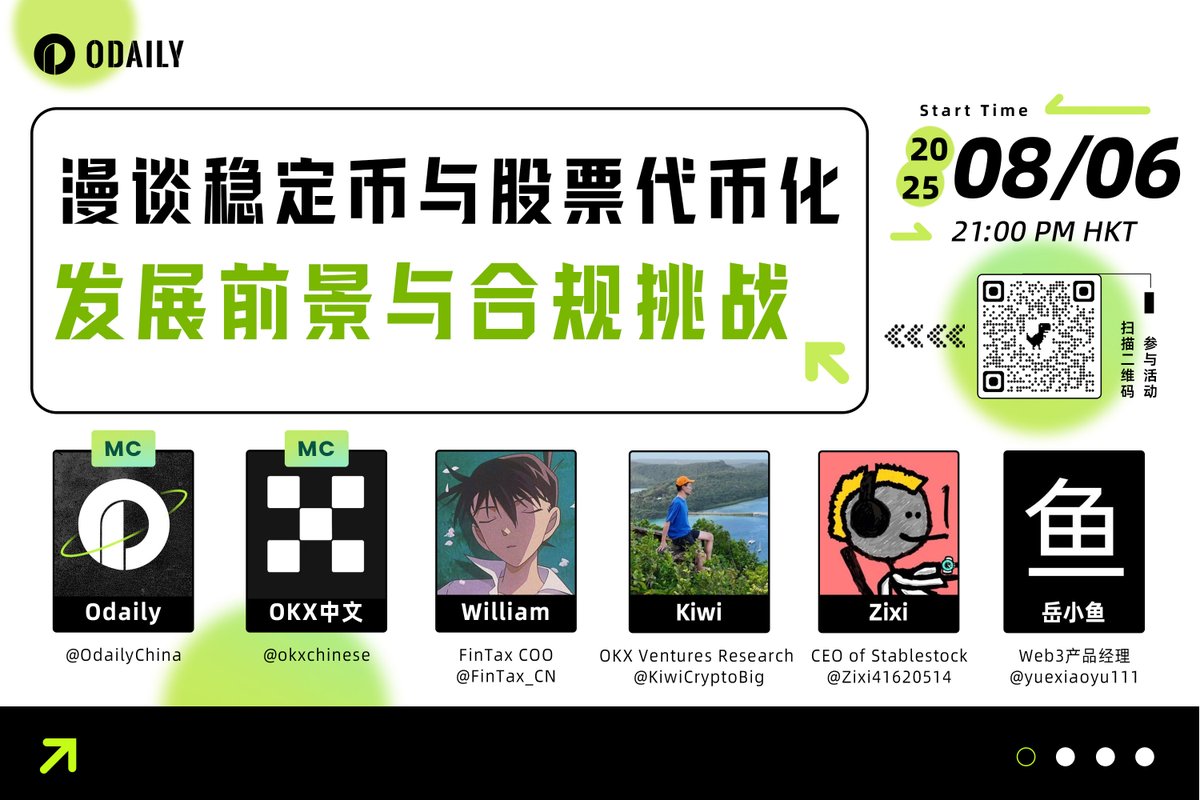 Odaily@ChinaCryptoNews (@odailychina) on Twitter photo 🎤漫谈稳定币与股票代币化:发展前景与合规挑战
⌚️8月6日晚21:00(HKT)
主持人:<a href="/OdailyChina/">Odaily@ChinaCryptoNews</a>
Cohost:<a href="/okxchinese/">OKX中文</a>
嘉宾: William <a href="/FinTax_CN/">FinTax 中文</a> FinTax <a href="/FinTax_CN/">FinTax 中文</a> COO;
Kiwi <a href="/KiwiCryptoBig/">Kiwibig.eth</a> OKX Ventures <a href="/OKX_Ventures/">OKX Ventures</a> Research;
Zixi <a href="/Zixi41620514/">Zixi.eth @ We're building Stablestock</a> CEO of Stablestock <a href="/StableStock/">StableStock 🐳</a> 🎤漫谈稳定币与股票代币化:发展前景与合规挑战
⌚️8月6日晚21:00(HKT)
主持人:<a href="/OdailyChina/">Odaily@ChinaCryptoNews</a>
Cohost:<a href="/okxchinese/">OKX中文</a>
嘉宾: William <a href="/FinTax_CN/">FinTax 中文</a> FinTax <a href="/FinTax_CN/">FinTax 中文</a> COO;
Kiwi <a href="/KiwiCryptoBig/">Kiwibig.eth</a> OKX Ventures <a href="/OKX_Ventures/">OKX Ventures</a> Research;
Zixi <a href="/Zixi41620514/">Zixi.eth @ We're building Stablestock</a> CEO of Stablestock <a href="/StableStock/">StableStock 🐳</a>