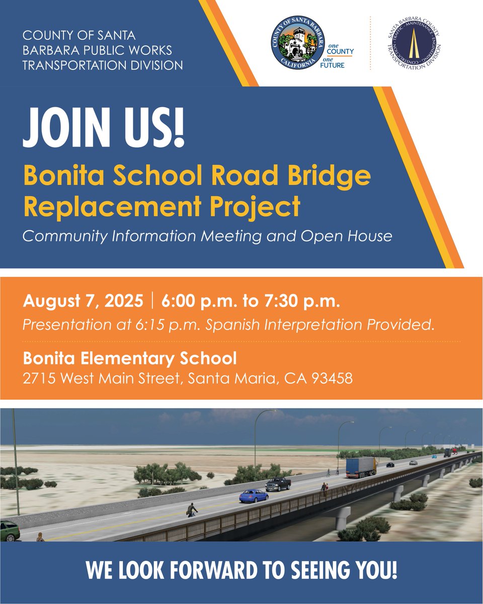COSBPublicWorks's tweet image. You&apos;re invited! Join us tomorrow, Thursday, August 7, for a public meeting on the Bonita School Road Bridge Replacement Project.
Bonita Elementary, 6:00–7:30 p.m. (Presentation at 6:15)
Spanish interpretation available.
countyofsb.org/4578/Bonita-Sc…