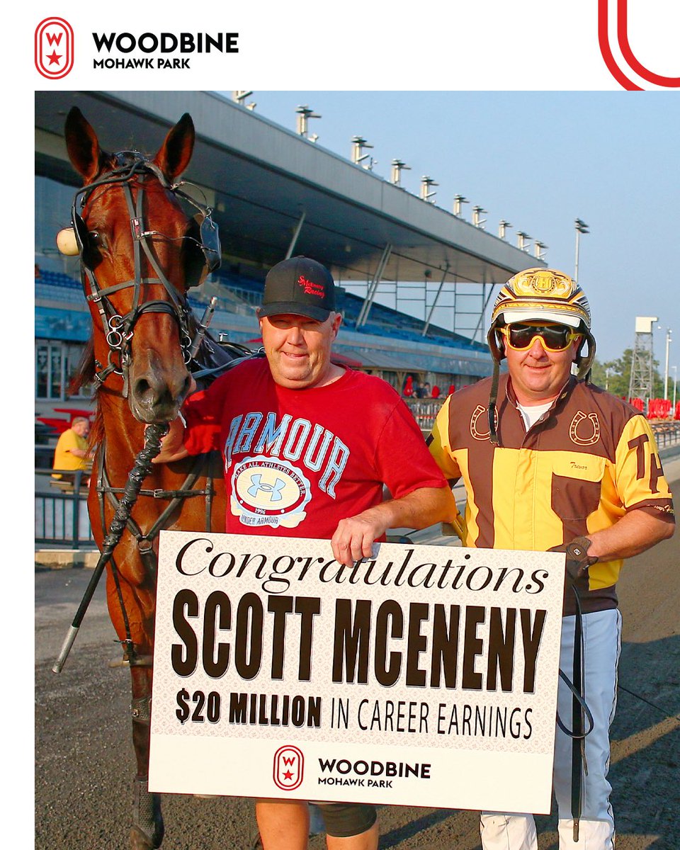 Trainer Scott McEneny celebrated a $20 million career earnings milestone in the Woodbine Mohawk Park winner’s circle on Tuesday night, following the maiden victory of CATTLE DRIVE with driver Trevor Henry.