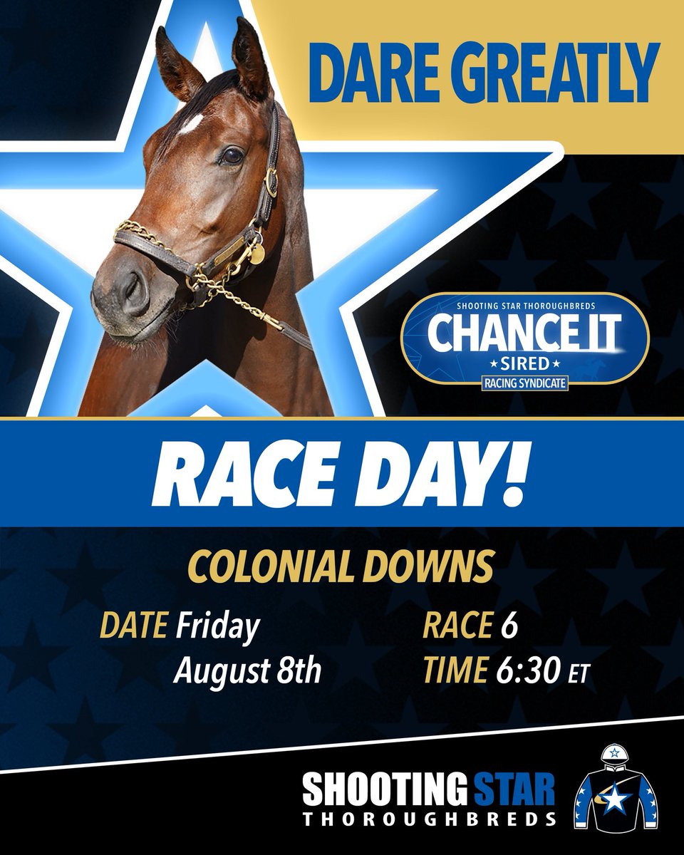 RACE DAY ALERT! DARE GREATLY is entered at Colonial Downs on Friday, August 8th, in Race 6 with Micah Husbands aboard! Best of luck to Dare Greatly and all of the Members! #FLBred #FLSire #VACert #Chanceit