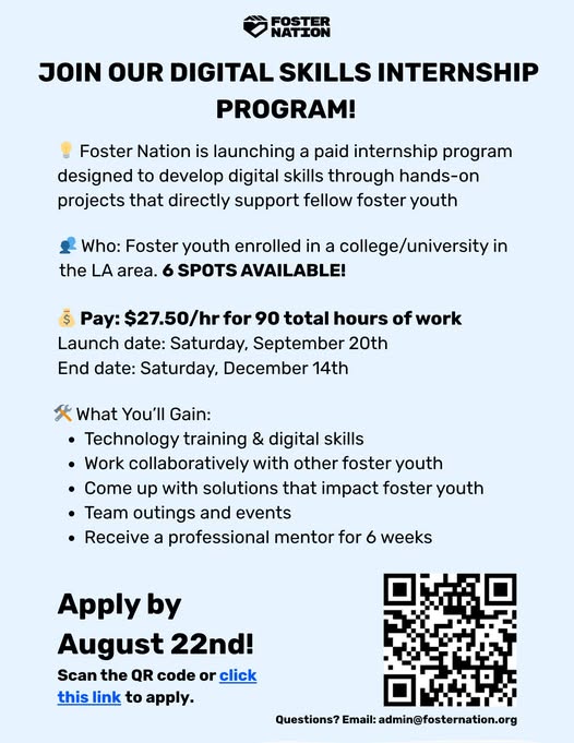 Are you looking for a paid fall internship?

Have a look at Foster Nation's Digital Skills Internships: fntechinternship.paperform.co