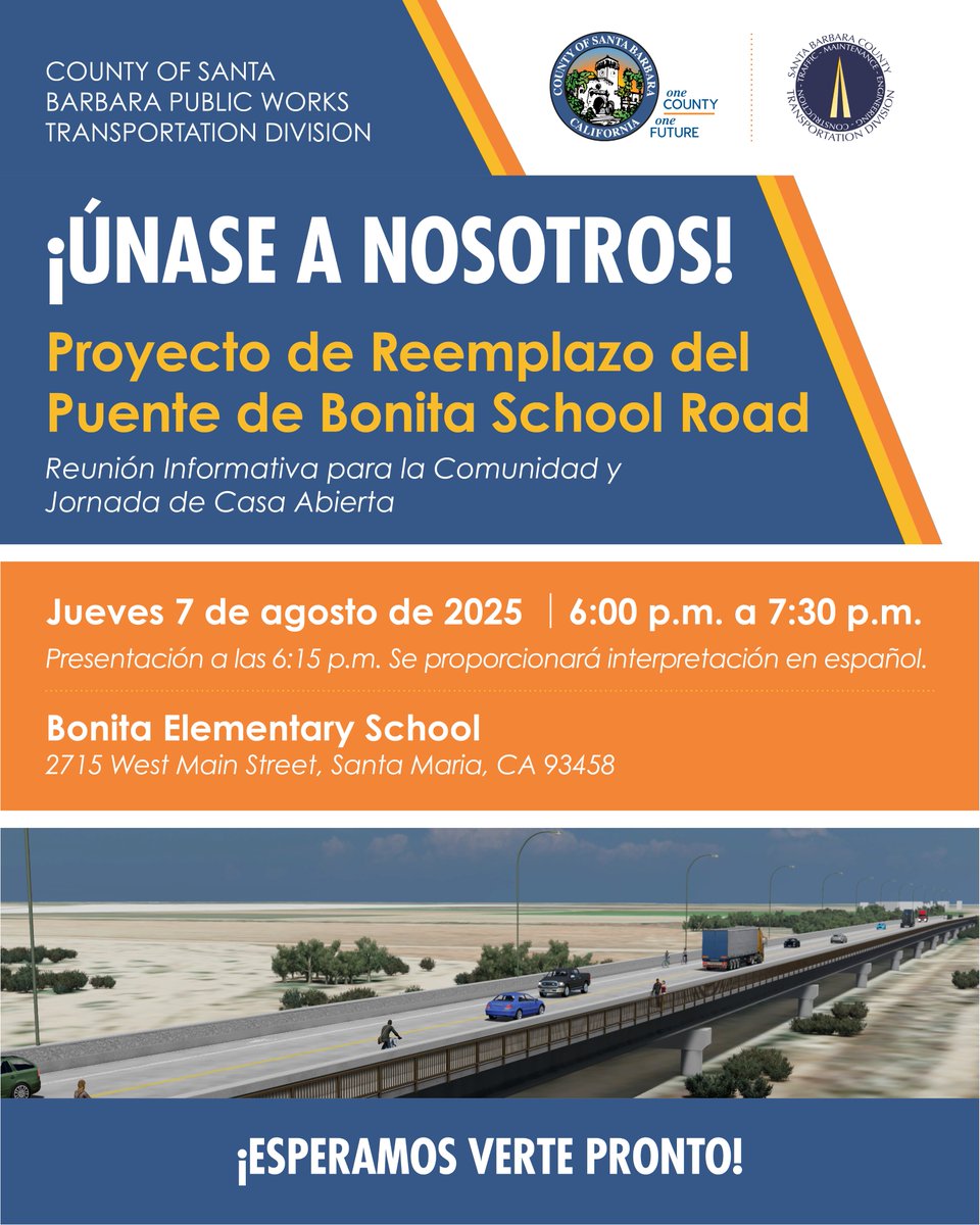 COSBPublicWorks's tweet image. Happening tonight! Join us for a public meeting on the Bonita School Road Bridge Replacement Project.
Bonita Elementary, 6:00–7:30 p.m.
Presentation at 6:15
Spanish interpretation available.
Can’t attend? Learn more: countyofsb.org/4578/Bonita-Sc…