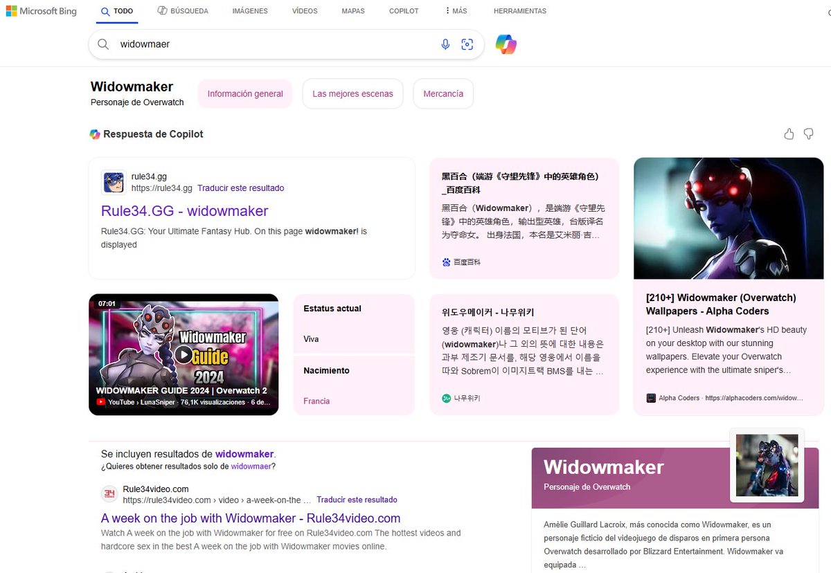 bruh, while making the missions of microsoft rewards i searched "widowmaer" and the first searches were these 😭 (i never used bing before)
