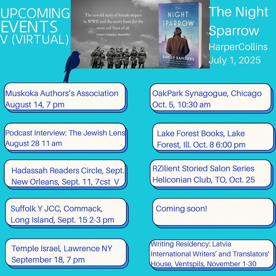 Shelly Sanders ✡️ (@shelly_sanders) on Twitter photo I’m elated to announce upcoming #booktalks for #thenightsparrow I’m booking into 2026; please contact Yelena Nesbit, Yelena.nesbit@harpercollins.com US, and Cindy Ma, Cindy.ma@harpercollins.com Canada. Translation/film rights, Marilyn Biderman, marilyn@transatlanticagency.com I’m elated to announce upcoming #booktalks for #thenightsparrow I’m booking into 2026; please contact Yelena Nesbit, Yelena.nesbit@harpercollins.com US, and Cindy Ma, Cindy.ma@harpercollins.com Canada. Translation/film rights, Marilyn Biderman, marilyn@transatlanticagency.com