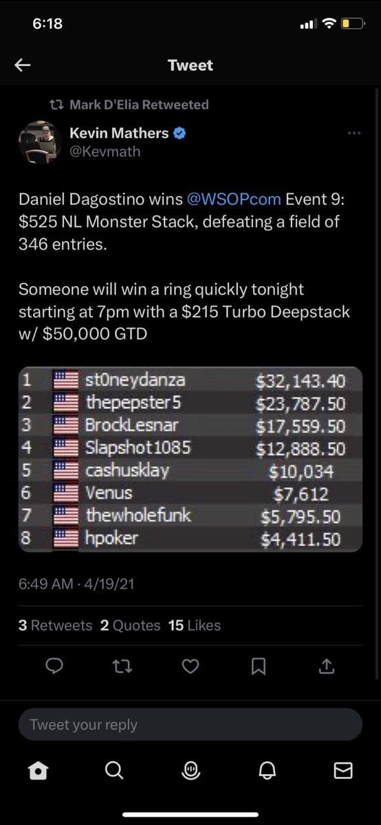 My first ring win was special not because of the stacked ft. It’s because i got heads up with my best friend Zach. There was no chops, no swaps, just two besties playing head up for the glory and dinner the next day lol. Great memory I’ll cherish forever.