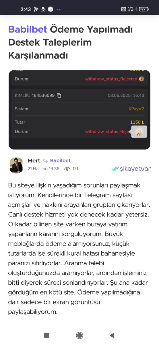 Babilbet Ödeme Yapılmadı Destek Taleplerim Karşılanmadı😔

#Babilbet #babilbet #hırsız #dolandırıcılık #iddaa  #iddaakazan #canlimacizle