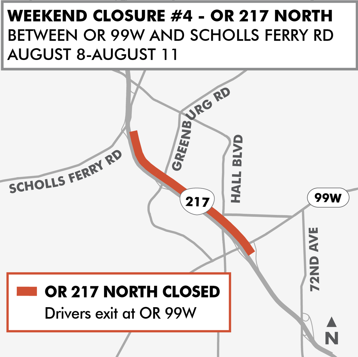 OregonDOT's tweet image. ATTN travelers in #Beaverton &amp;amp; #Tigard! A section of OR 217 NB closes THIS weekend from OR 99W to Scholls Ferry Rd beginning Fri. night, Aug. 8 at 9PM - reopening Mon, Aug. 11 at 5AM. During the closure, crews will pave the highway. 

Details &amp;amp; detour: bit.ly/40PBlUi