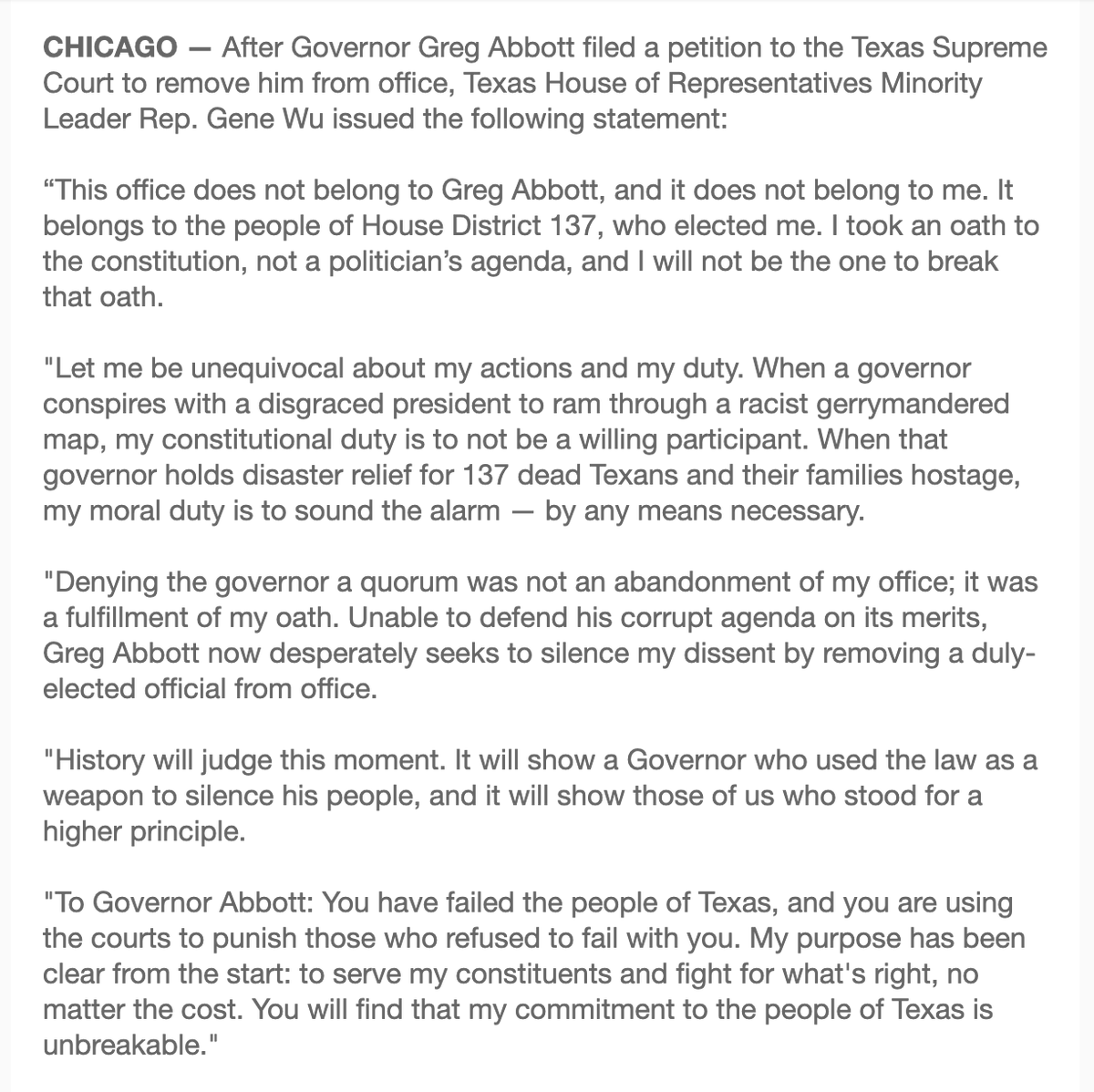 Hannah Norton (@hannahnorton89) on Twitter photo .<a href="/TexasHDC/">Texas House Democrats</a> leader Gene Wu on Abbott's suit to remove him from office for breaking quorum: "Denying the governor a quorum was not an abandonment of my office; it was a fulfillment of my oath." #txlege .<a href="/TexasHDC/">Texas House Democrats</a> leader Gene Wu on Abbott's suit to remove him from office for breaking quorum: "Denying the governor a quorum was not an abandonment of my office; it was a fulfillment of my oath." #txlege
