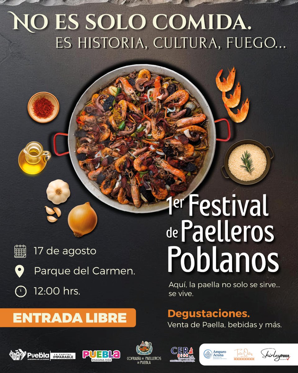 En la ciudad de Puebla, la gastronomía es mucho más que comida, es experiencia disponible para todas y todos, así que no te pierdas esta invitación:

👌1er Festival de Paelleros Poblanos
📅17 de agosto
📍Parque del Carmen
⏰12:00 horas

#VisitaPuebla