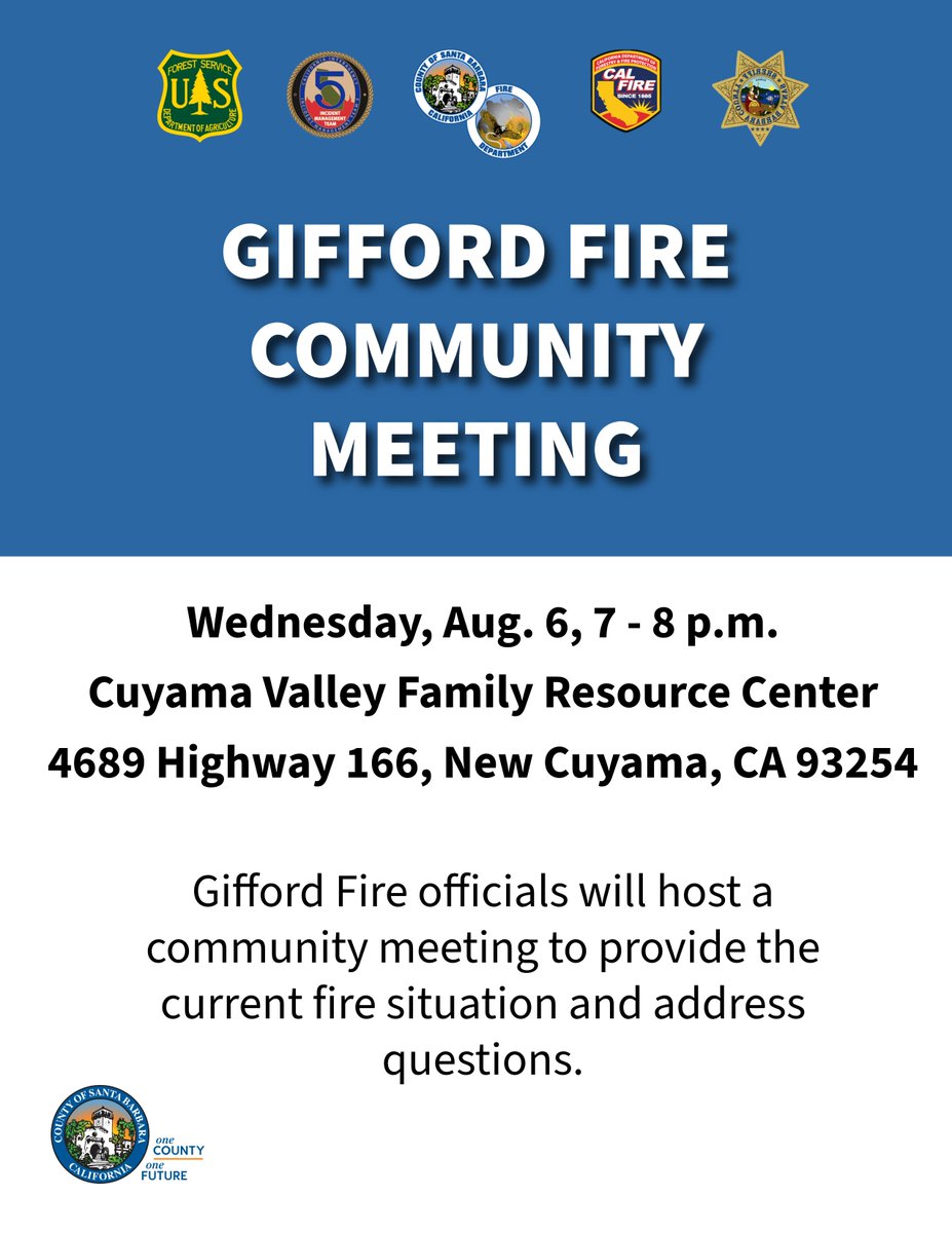 Please join us for a community meeting that is scheduled for  Wed., Aug. 6, 7 - 8 p.m.
Location: Cuyama Valley Family Resource Center
4689 Highway 166, New Cuyama, CA 93254
For those who cannot attend, this meeting will be recorded and posted on the our social media platforms.