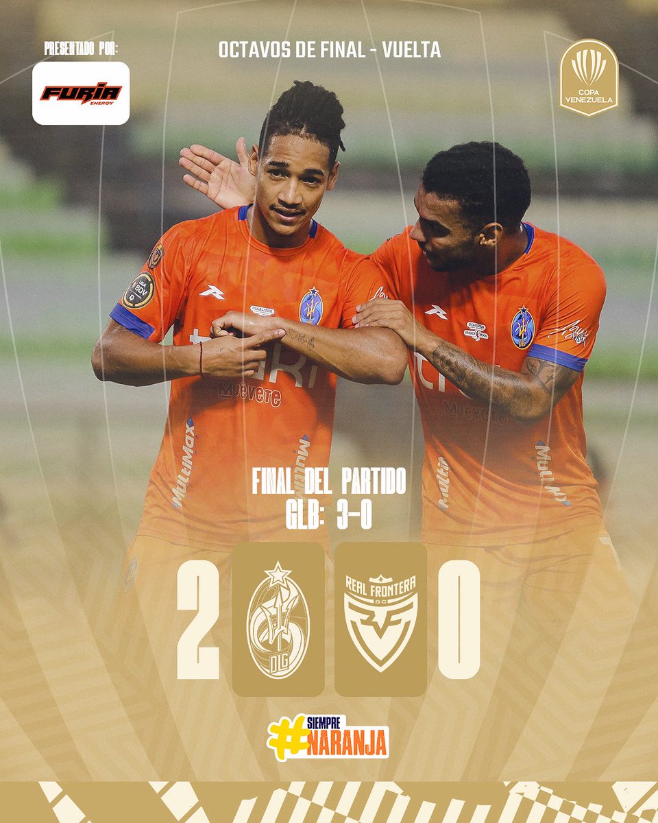 Deportivo La Guaira 🔱 (@dvolaguaira) on Twitter photo ¡Hola, cuartos de final! GANAMOS.🏆🧡
<a href="/DvoLaGuaira/">Deportivo La Guaira 🔱</a> 2-0 @realfrontera
🍊 Sebastián Castillo, 44’.
🍊 Manuel Sulbarán, (p) 45’+2’.
Global: 3-0.
#SiempreNaranja #CopaVenezuela ¡Hola, cuartos de final! GANAMOS.🏆🧡
<a href="/DvoLaGuaira/">Deportivo La Guaira 🔱</a> 2-0 @realfrontera
🍊 Sebastián Castillo, 44’.
🍊 Manuel Sulbarán, (p) 45’+2’.
Global: 3-0.
#SiempreNaranja #CopaVenezuela