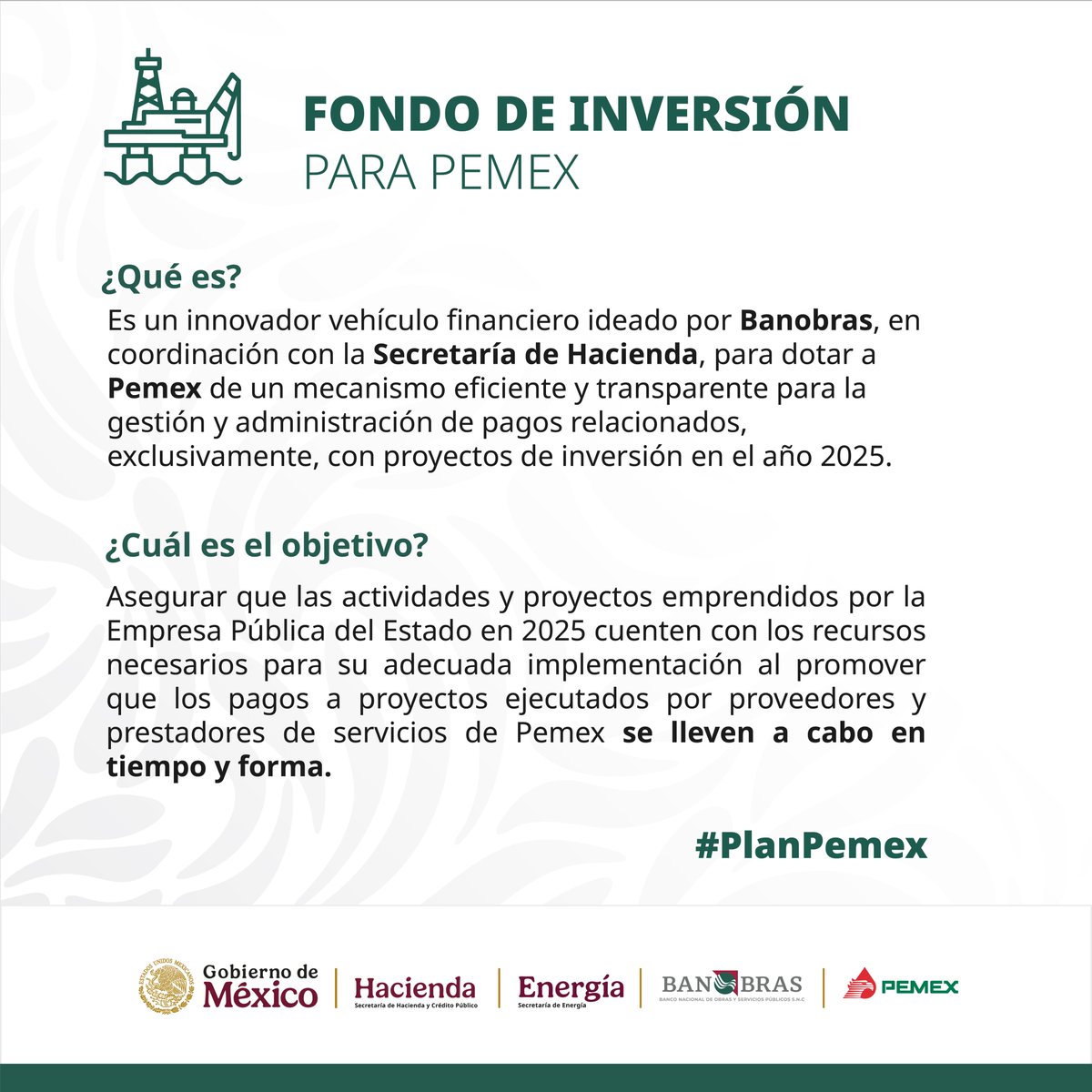 Banobras_mx's tweet photo. Innovador vehículo financiero diseñado por @Banobras_mx , en coordinación con @Hacienda_Mexico para dotar a @Pemex de un mecanismo eficiente y transparente para la gestión y administración de pagos relacionados, exclusivamente, con proyectos de inversión en el año 2025. 
#BanobrasFinancia #PlanPemex  
🔗 https://t.co/ZVE1K0wwtl