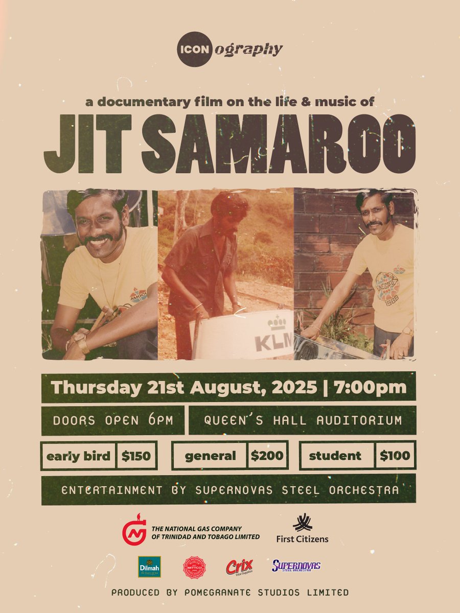 Come celebrate an icon. Come celebrate pan. Come to Queen's Hall for Iconography: Jit Samaroo.

Early Birds Tickets available at Island E-Tickets
islandetickets.com/event/iconogra…

Event Sponsored by NGC, First Citizens, Dilmah Caribbean, MITTCO, Crix Crackers