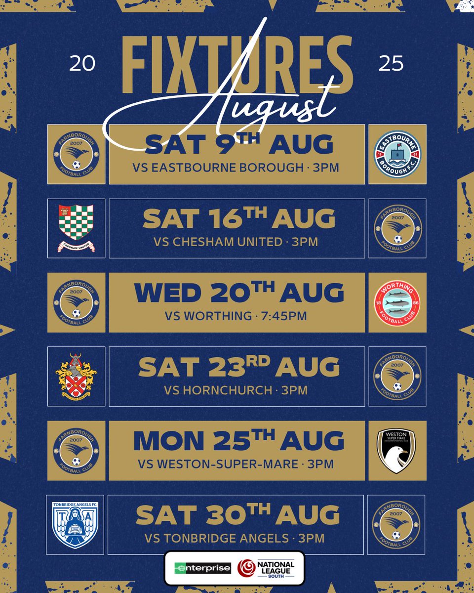 A busy August ahead with the start of the new Enterprise National League South campaign 🎉

Match Tickets on sale 🎟️ farnboroughfc.co.uk/tickets