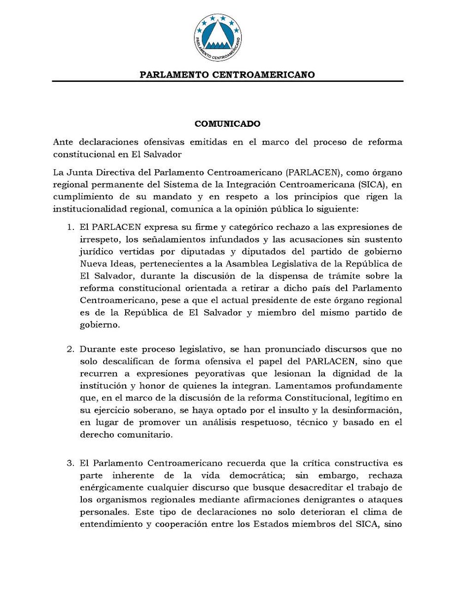 #GolpeALaConstitución | El PARLACEN rechazó lo que calificó como expresiones de irrespeto e infundadas departe de diputados de Nuevas Ideas durante la reforma a la Constitución para sacar a El Salvador de ese foro regional.