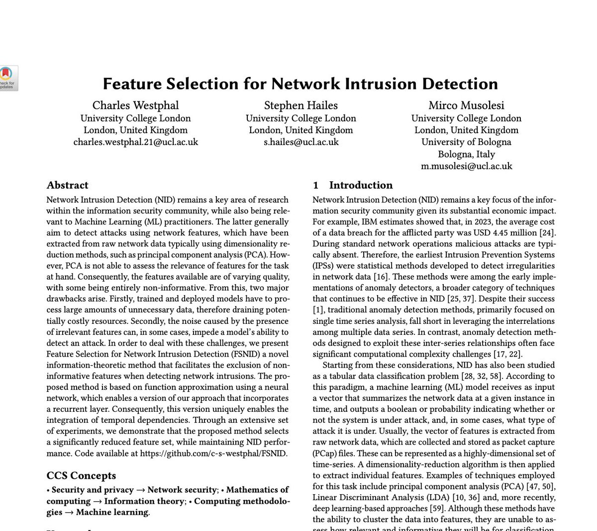 Mirco Musolesi (@mircomusolesi) on Twitter photo Today <a href="/charliewestphaI/">Charlie Westphal</a> will present our paper "Feature Selection for Network Intrusion Detection" in the main Research Track of ACM KDD 2025 in Toronto.
Link to the paper: dl.acm.org/doi/pdf/10.114…
#KDD2025 Today <a href="/charliewestphaI/">Charlie Westphal</a> will present our paper "Feature Selection for Network Intrusion Detection" in the main Research Track of ACM KDD 2025 in Toronto.
Link to the paper: dl.acm.org/doi/pdf/10.114…
#KDD2025