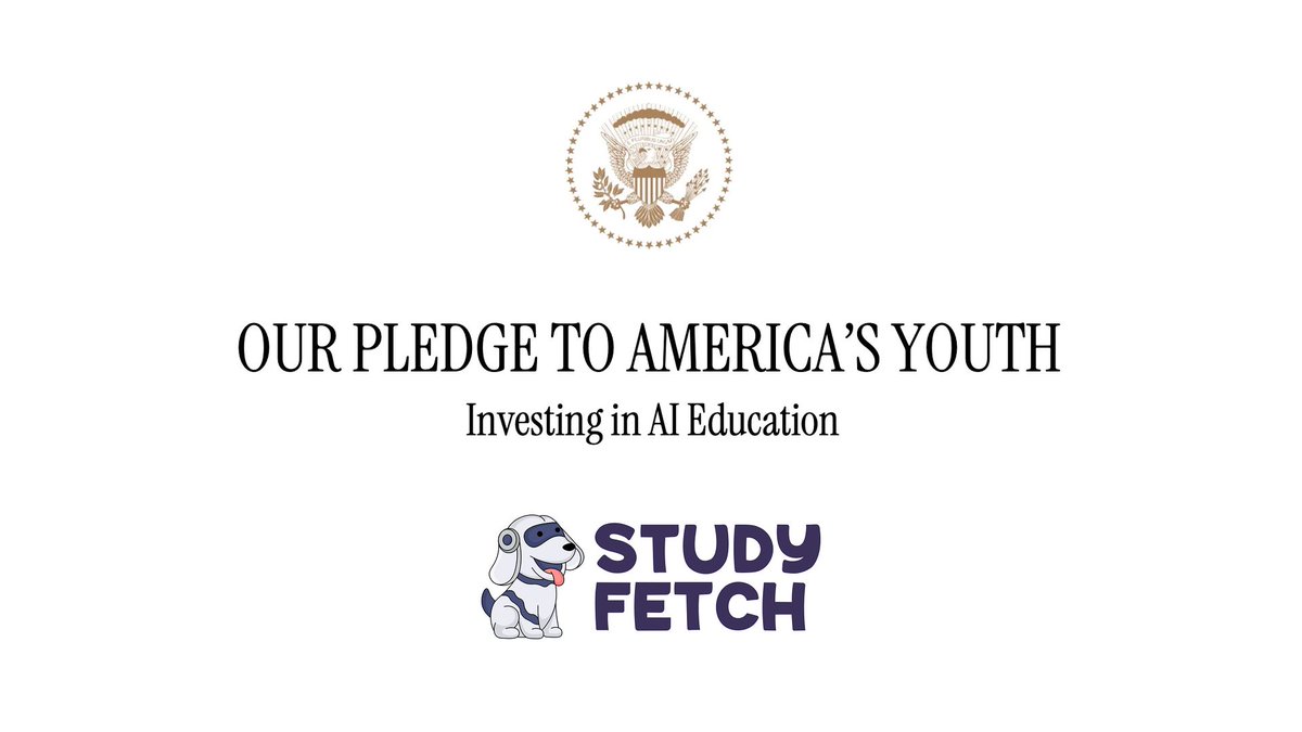 StudyFetch's tweet image. StudyFetch Joins The White House and Leading Tech Companies like @nvidia, @OpenAI, and @Google in a Pledge to America&apos;s Youth.

We’ve pledged to provide resources that foster early interest in AI technology, promote AI literacy and proficiency, and enable comprehensive AI…