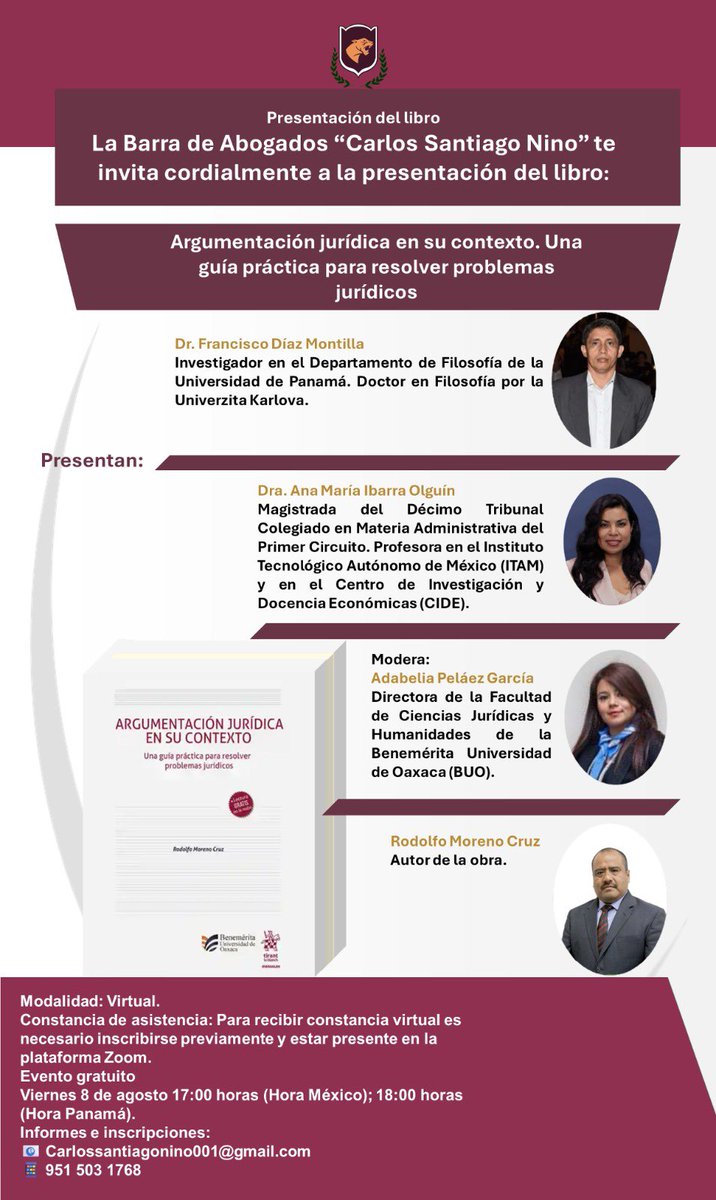 Este viernes tendré el gusto de participar en la presentación del libro “Argumentación jurídica en su contexto. Una guía práctica para resolver problemas jurídicos” del Dr. Moreno Cruz. 

Acompáñennos vía zoom a las 5:00 de la tarde 👇🏽