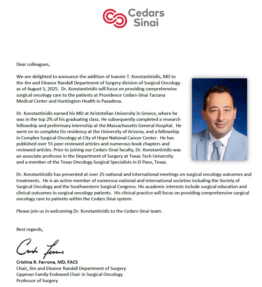 Department of Surgery at Cedars-Sinai (@deptsurgerycs) on Twitter photo Join us welcoming our new faculty, Dr. Ioannis Kostantinidis to the Jim & Eleanor Randall Department of Surgery in #SurgicalOncology! 🎉
<a href="/CFerroneMD/">Cristina Ferrone</a>
<a href="/huntingtonnews/">Huntington Health</a>
<a href="/ProvCedars/">Providence Cedars-Sinai Tarzana</a>
<a href="/CSCancerCenter/">Cancer at Cedars-Sinai</a> Join us welcoming our new faculty, Dr. Ioannis Kostantinidis to the Jim & Eleanor Randall Department of Surgery in #SurgicalOncology! 🎉
<a href="/CFerroneMD/">Cristina Ferrone</a>
<a href="/huntingtonnews/">Huntington Health</a>
<a href="/ProvCedars/">Providence Cedars-Sinai Tarzana</a>
<a href="/CSCancerCenter/">Cancer at Cedars-Sinai</a>