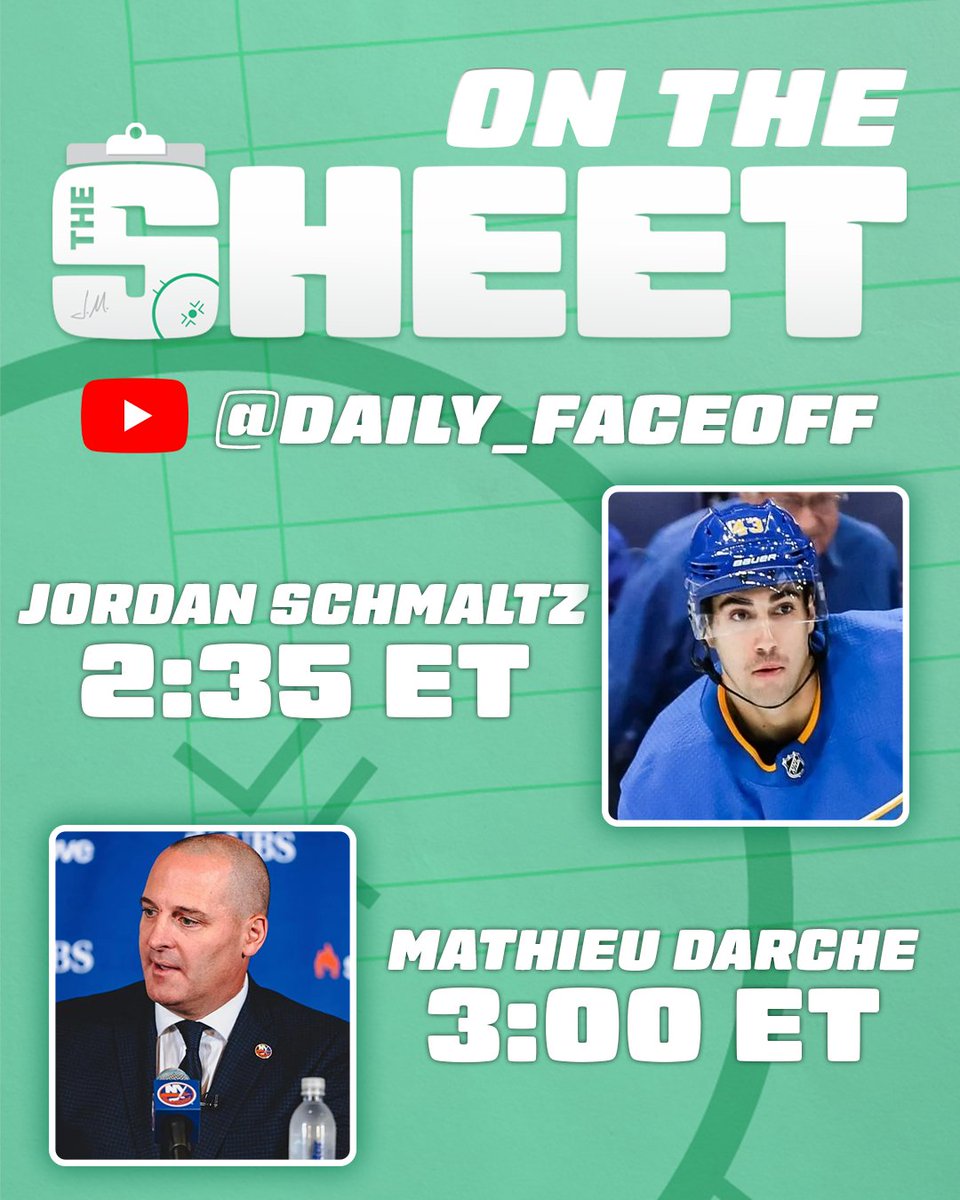 The Sheet with Jeff Marek (@thesheethockey) on Twitter photo TOMORROW ON THE SHEET🗒️
2:35 ET - <a href="/J_Swish24/">Jordan Schmaltz</a> on the <a href="/HomeBy3Official/">Home by 3</a> podcast & his return to professional hockey
3:00 ET - Mathieu Darche (GM of the <a href="/NYIslanders/">New York Islanders</a>) on his first year as GM
<a href="/JeffMarek/">Jeff Marek</a> goes live at 2:30 ET on the <a href="/DailyFaceoff/">Daily Faceoff</a> YouTube Channel! TOMORROW ON THE SHEET🗒️
2:35 ET - <a href="/J_Swish24/">Jordan Schmaltz</a> on the <a href="/HomeBy3Official/">Home by 3</a> podcast & his return to professional hockey
3:00 ET - Mathieu Darche (GM of the <a href="/NYIslanders/">New York Islanders</a>) on his first year as GM
<a href="/JeffMarek/">Jeff Marek</a> goes live at 2:30 ET on the <a href="/DailyFaceoff/">Daily Faceoff</a> YouTube Channel!