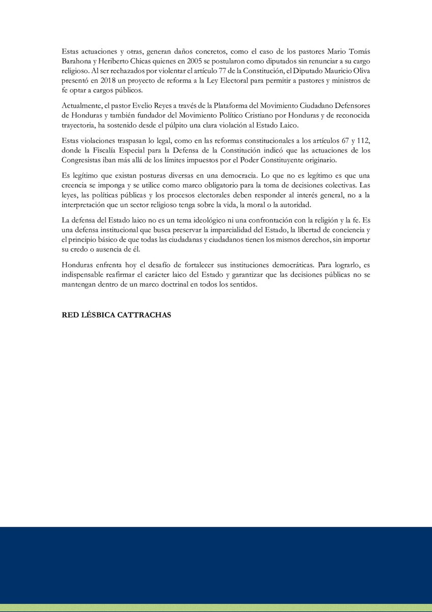 📢 Pronunciamiento público

Desde CATTRACHAS alertamos sobre la creciente violación al Estado laico en Honduras. La intervención de actores religiosos en decisiones políticas y discursos que incitan a la violencia ponen en riesgo la democracia.

✝️👥 El Estado no debe estar