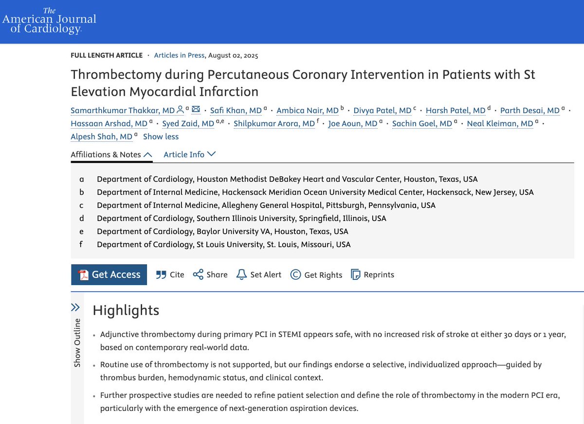 Divya Patel (@impateldivya) on Twitter photo Excited to share our retrospective cohort study in <a href="/AmJCardio/">American Journal of Cardiology</a> on Adjunctive Thrombectomy during PCI in STEMI!
🧠 Key Findings:
• No increased risk of stroke at 30 days or 1 year.
• No difference in all-cause mortality.
• No difference in the utilization of MCS (IABP, Excited to share our retrospective cohort study in <a href="/AmJCardio/">American Journal of Cardiology</a> on Adjunctive Thrombectomy during PCI in STEMI!
🧠 Key Findings:
• No increased risk of stroke at 30 days or 1 year.
• No difference in all-cause mortality.
• No difference in the utilization of MCS (IABP,