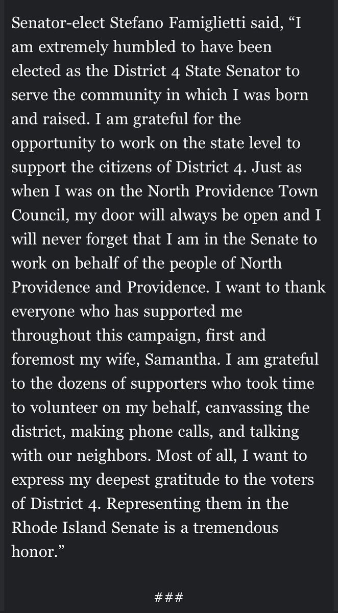 Ray Baccari Jr. (@raybaccari) on Twitter photo INBOX: <a href="/RISenate/">Rhode Island Senate</a> leadership congratulates Stefano Famiglietti on winning the Senate 4 special election. INBOX: <a href="/RISenate/">Rhode Island Senate</a> leadership congratulates Stefano Famiglietti on winning the Senate 4 special election.