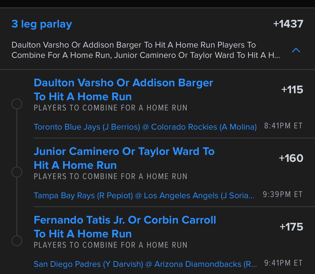 BLESSING $100 TO SOMEONE WHO LIKES IF THIS HITS❤️

Late night hr combo slip 

❤️ if hailing link to tail ⬇️

scoresandodds.com/all/parlay?qui…