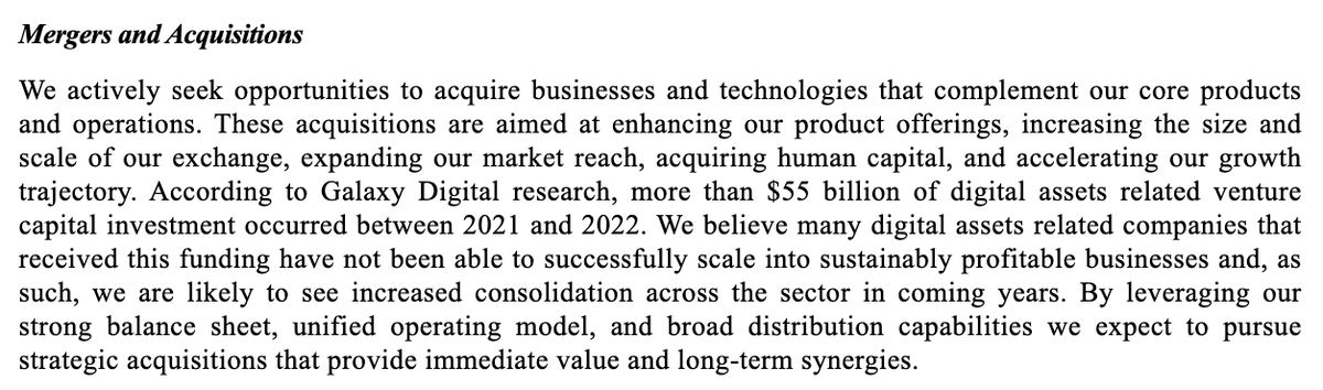 Fragment from Bullish IPO prospectus below 👇🏼

Bullish, Gemini doing IPOs this year. Kraken reportedly raising a $500M pre-IPO round. Coinbase doing a $2B convertible bond (UOP includes investments &amp; acquisitions).

I can see an exchange-fueled crypto M&amp;A boom coming 👀
