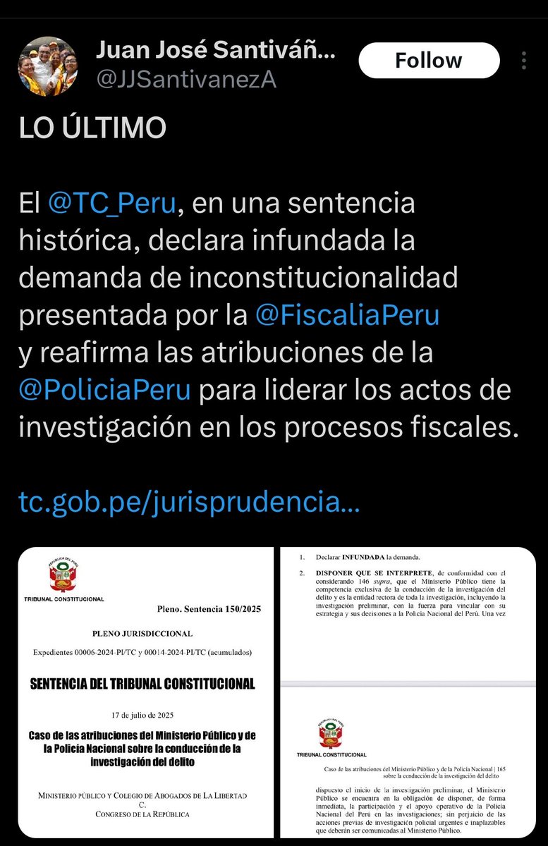 diego manarelli (@manarellidiego) on Twitter photo TRIBUNAL CONSTITUCIONAL LE ACABA DE DAR UN GARROTAZO A DELIA CV ESPINOZA Y DU JEFE GORRITI PQ DECLARA INFUNDADA LA DEMANDA DE INCONSTITUCIONALIDAD PRESENTA POR <a href="/FiscaliaPeru/">Ministerio Público</a> Y REAFIRMA A LA POLICÍA <a href="/PoliciaPeru/">Policía Nacional del Perú</a> LA ATRIBUCIÓN DE LIDERAR LA INVESTIGACIÓN EN LIS PROCESOS FISCALES.. TRIBUNAL CONSTITUCIONAL LE ACABA DE DAR UN GARROTAZO A DELIA CV ESPINOZA Y DU JEFE GORRITI PQ DECLARA INFUNDADA LA DEMANDA DE INCONSTITUCIONALIDAD PRESENTA POR <a href="/FiscaliaPeru/">Ministerio Público</a> Y REAFIRMA A LA POLICÍA <a href="/PoliciaPeru/">Policía Nacional del Perú</a> LA ATRIBUCIÓN DE LIDERAR LA INVESTIGACIÓN EN LIS PROCESOS FISCALES..