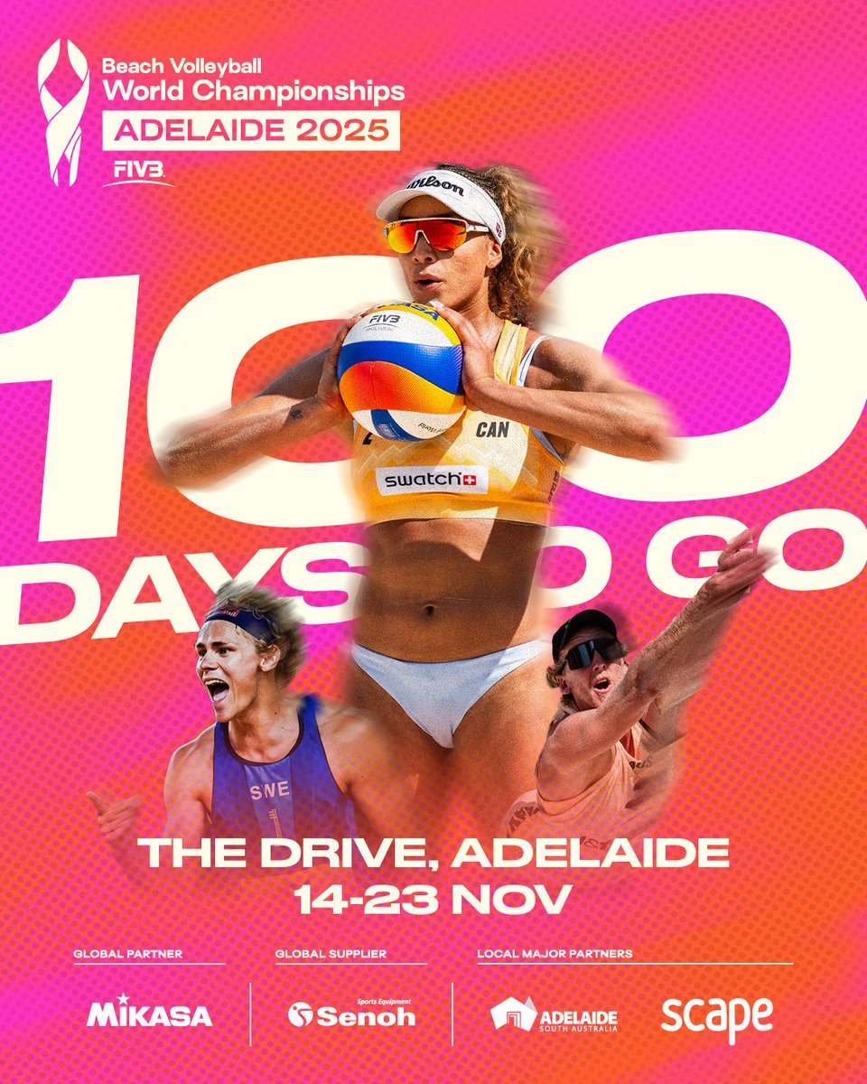 100 DAYS TO GO! 🏐

The countdown is ON for the Beach Volleyball World Champs in Adelaide!

📅 14–23 Nov 2025
📍 The Drive &amp; Pinky Flat
🌍 192+ athletes, 50+ nations
🎟️ Tickets &amp; Hospitality on sale now!

See you there!

#BVWC2025 #BeachVolleyball #Adelaide2025