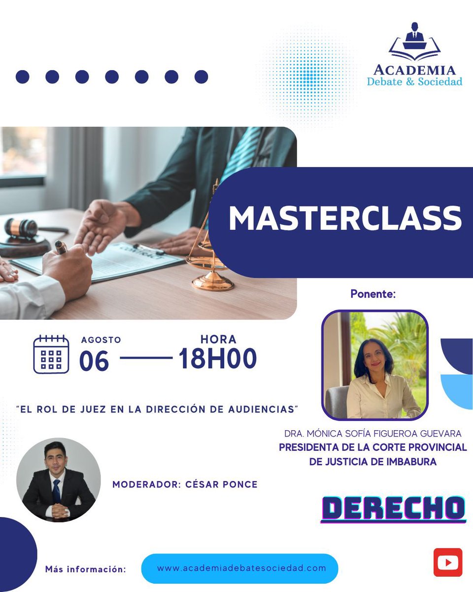 Corte Provincial de Justicia de Imbabura (@corteimbabura) on Twitter photo <a href="/academia_ds/">Academia_Debate_Sociedad</a>, invita a <a href="/sofia_figueroa3/">Sofia Figueroa</a> Pdta. <a href="/CorteImbabura/">Corte Provincial de Justicia de Imbabura</a> a participar en una Masterclass, con el tema ‘El Rol del Juez en la dirección de Audiencias’
📅 Miércoles 06 de agosto 🕕 18h00
🎥 Transmisión en vivo:
youtube.com/live/mgV8xmsI-…
#104añosCorteProvincialJusticiadeImbabura <a href="/academia_ds/">Academia_Debate_Sociedad</a>, invita a <a href="/sofia_figueroa3/">Sofia Figueroa</a> Pdta. <a href="/CorteImbabura/">Corte Provincial de Justicia de Imbabura</a> a participar en una Masterclass, con el tema ‘El Rol del Juez en la dirección de Audiencias’
📅 Miércoles 06 de agosto 🕕 18h00
🎥 Transmisión en vivo:
youtube.com/live/mgV8xmsI-…
#104añosCorteProvincialJusticiadeImbabura