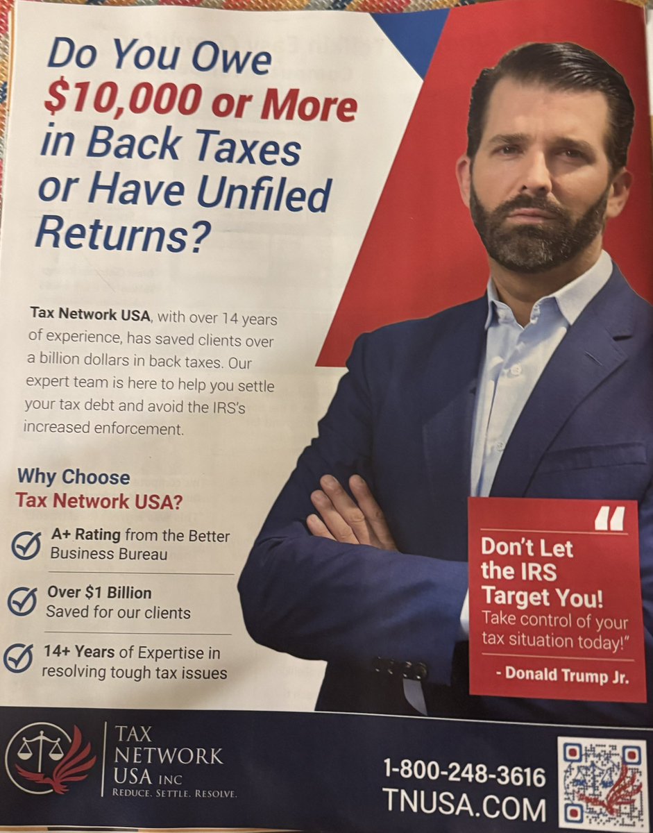 eugm's tweet image. Does @DonaldJTrumpJr know that he is the face of a tax “relief” company??? #TrumpCrimeFamily #TrumpCult #trumpcorruption
