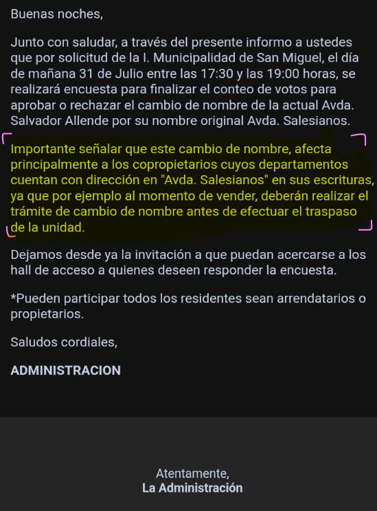 📢 Presiones para borrar el nombre de Salvador Allende en San Miguel.

Me llega esta denuncia: una administración de edificio habría influido en la encuesta (que no fue anónima) organizada por el municipio para cambiar el nombre de la avenida por “Salesianos”
#SanMiguel #Allende