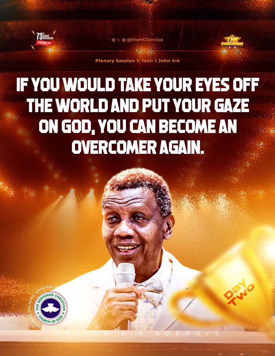 If you would take your eyes off the world and put your gaze on God, you can become an overcomer again.

Day 2

#TheOvercomers
#RCCGAnnualConvention2025
#RCCG