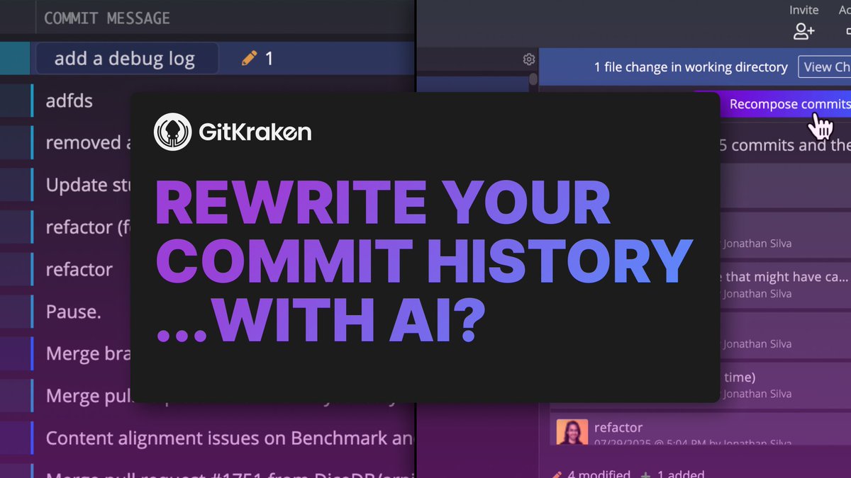 GitKraken's tweet image. Your code’s clean but your Git history is a disaster.

Commit Composer is now here to fix that:

📚 Organizes messy commits
✍️ Writes useful messages
⏱️ Saves review time

Git doesn’t have to be chaos.

🔗 Read all about it: gitkraken.com/blog/gitkraken…

#GitKraken…