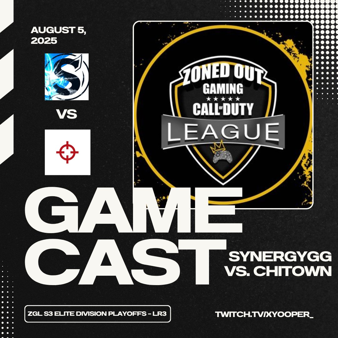 Steven “Yooper” Koehler (@xyooper_) on Twitter photo We got some Elite Division Playoffs action going down tonight in the <a href="/ZGLCallofDuty/">Zoned Out Gaming League</a> S3!
<a href="/SynEsportsgg/">SynergyEsports</a> vs. <a href="/CTAssassins_/">CHI-TOWN ASSASSINS</a>
It's Losers Round 3, so whoever bites the bullet, is out! Match starts in 15 mins over at twitch.tv/xYooper_! #906Gang We got some Elite Division Playoffs action going down tonight in the <a href="/ZGLCallofDuty/">Zoned Out Gaming League</a> S3!
<a href="/SynEsportsgg/">SynergyEsports</a> vs. <a href="/CTAssassins_/">CHI-TOWN ASSASSINS</a>
It's Losers Round 3, so whoever bites the bullet, is out! Match starts in 15 mins over at twitch.tv/xYooper_! #906Gang