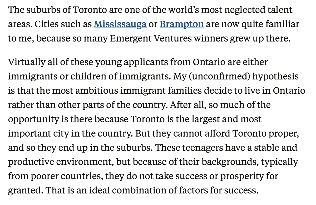robjama's tweet image. Tyler Cowen on why Mississauga, Brampton, Markham, Scarborough are producing world class talent
Toronto suburbs are our YC and Tyler Cowen is our PG