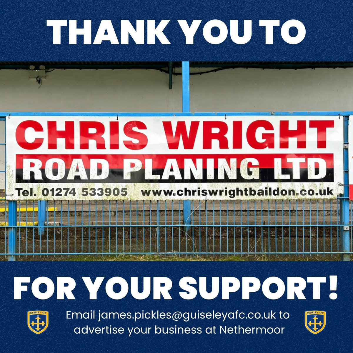Thank you to Chris Wright Road Planing Ltd for their continued support of the club 👏

They are one of the country's leading road planing companies that pride themselves on a professional and reliable service: cwrp.co.uk

#GAFC #GuiseleyTogether