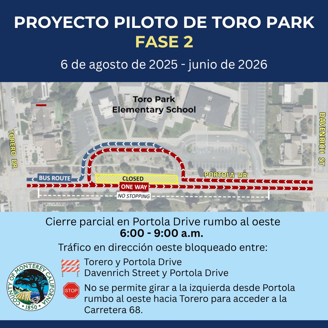 ‼️🚧Hwy 68 commuter information.
Phase 2 of the Toro Park Traffic Project will begin Wednesday morning, August 6th to increase school traffic safety.
There will be a partial closure on westbound Portola Drive and no left turn from westbound Portola to Torero to access Hwy 68.
