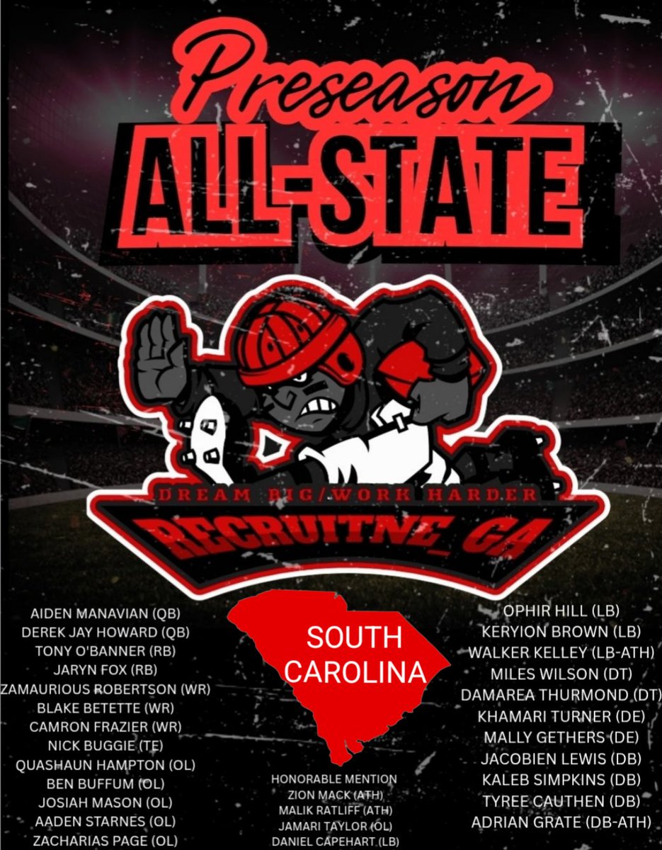 Quincy Townsend (@himiam68) on Twitter photo 🚨🚨 <a href="/RecruitNE_GA/">RecruitNE_GA</a> SOUTH CAROLINA ALL-STATE PRESEASON TEAM!!🚨🚨
<a href="/bigplay_Aiden/">Aiden Manavian</a> <a href="/its_tre3/">Derek “Tre” Jay Howard |||</a> <a href="/TObanner/">TONY O’BANNER</a> <a href="/Jarynfox_RB/">JarynFox_RB</a> <a href="/ZamauriousRobe1/">Zamaurious Robertson</a> <a href="/BlakeBetette_07/">Blake Betette</a> <a href="/CamronFrazier6/">Cam’ron Frazier</a> <a href="/nickbuggie26/">nick buggie</a> <a href="/BallOut54_/">QuaShaun Hampton</a> <a href="/ben_buffum71/">Ben Bufffum (OT 6’3.5” 300 2027)</a> <a href="/mason_josiah256/">Josiah Mason</a> <a href="/AadenStarnes/">Aaden Starnes</a> <a href="/ZackP54/">Zackarias Page</a> <a href="/OphirHill_/">Ophir “O” Hill</a> <a href="/KBrown20_/">Keryien Brown</a> 🚨🚨 <a href="/RecruitNE_GA/">RecruitNE_GA</a> SOUTH CAROLINA ALL-STATE PRESEASON TEAM!!🚨🚨
<a href="/bigplay_Aiden/">Aiden Manavian</a> <a href="/its_tre3/">Derek “Tre” Jay Howard |||</a> <a href="/TObanner/">TONY O’BANNER</a> <a href="/Jarynfox_RB/">JarynFox_RB</a> <a href="/ZamauriousRobe1/">Zamaurious Robertson</a> <a href="/BlakeBetette_07/">Blake Betette</a> <a href="/CamronFrazier6/">Cam’ron Frazier</a> <a href="/nickbuggie26/">nick buggie</a> <a href="/BallOut54_/">QuaShaun Hampton</a> <a href="/ben_buffum71/">Ben Bufffum (OT 6’3.5” 300 2027)</a> <a href="/mason_josiah256/">Josiah Mason</a> <a href="/AadenStarnes/">Aaden Starnes</a> <a href="/ZackP54/">Zackarias Page</a> <a href="/OphirHill_/">Ophir “O” Hill</a> <a href="/KBrown20_/">Keryien Brown</a>