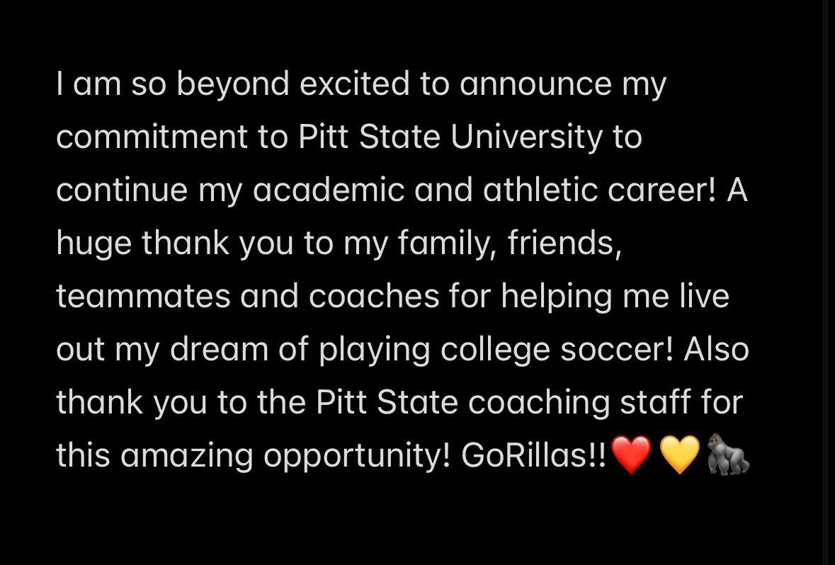 Committed!! ❤️💛🦍 #GoRillas 

<a href="/gorillassoccer/">Pitt State Women's Soccer</a> <a href="/Gretna08ECNL/">GEA 07/08G ECNL</a> <a href="/GEA_ECNL/">Gretna Elite Academy ECNL</a> <a href="/ImYouthSoccer/">ECNL/GA/Recruiting/College Soccer</a> <a href="/JonBrezenski/">Jon Brezenski</a> <a href="/lswgirlssoccer/">LSW Girls Soccer</a>