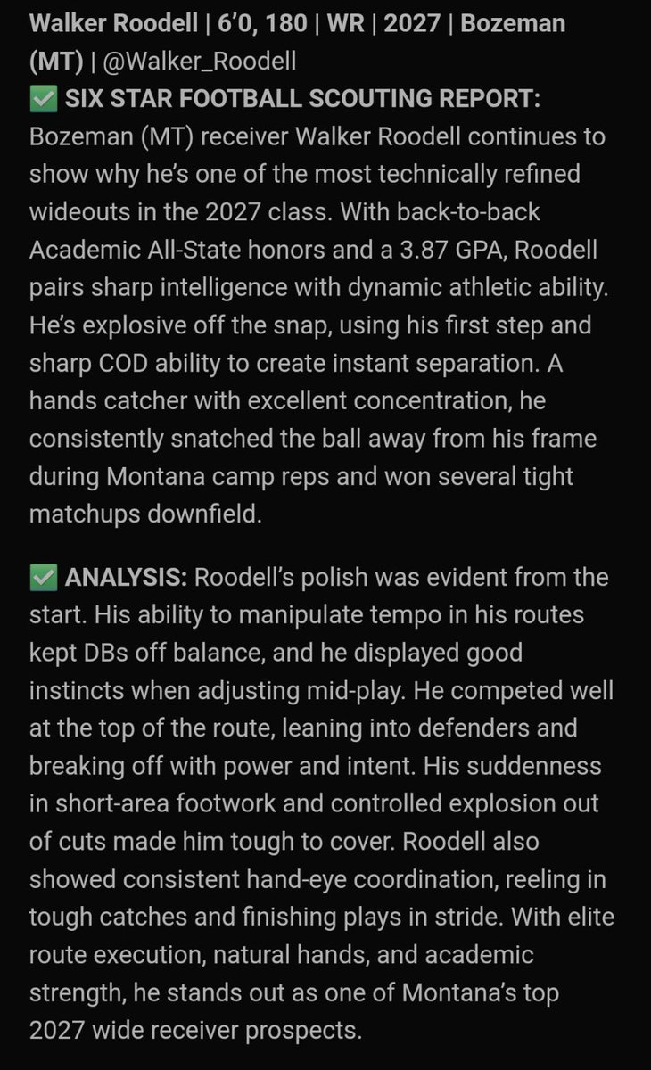 Walker Roodell (@walker_roodell) on Twitter photo Thank you <a href="/sixstarfootball/">Six Star Football | PLUS+</a> for the write up!!!
<a href="/levi_wesche/">Levi Wesche</a> <a href="/hawkfb_bhs/">Hawk Football</a> <a href="/rcboyle7/">Robert Boyle</a> <a href="/coach_mob/">CoachMobley</a> <a href="/MontanaGrizFB/">Montana Griz Football</a> <a href="/CoachBErickson/">Bryce Erickson</a> <a href="/Coach_Hauck/">Coach Bobby Hauck</a>
sixstarfootball.com/article/event-… Thank you <a href="/sixstarfootball/">Six Star Football | PLUS+</a> for the write up!!!
<a href="/levi_wesche/">Levi Wesche</a> <a href="/hawkfb_bhs/">Hawk Football</a> <a href="/rcboyle7/">Robert Boyle</a> <a href="/coach_mob/">CoachMobley</a> <a href="/MontanaGrizFB/">Montana Griz Football</a> <a href="/CoachBErickson/">Bryce Erickson</a> <a href="/Coach_Hauck/">Coach Bobby Hauck</a>
sixstarfootball.com/article/event-…